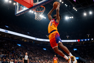 篮球比赛现场 - NBA赛场灯光璀璨，球员跃起扣篮的精彩瞬间